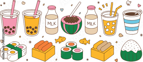 Adorable Food and Beverage Cartoon Vector Collection with Milk Bottles, Sweet Snacks, Sushi, Desserts, and Fun Doodle Style