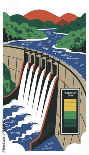 Water dam infrastructure controlling river flow. Large concrete dam controlling river water flow and reservoir levels. Concept of water infrastructure and flood control.
