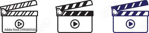 Three film clapper boards with play icons on white background
