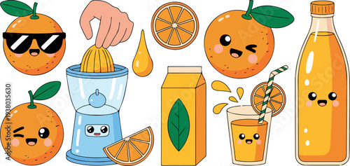 Happy Orange Juice Mascot Vector Set Featuring Smiling Citrus Fruit Characters, Fresh Beverage Glasses, and Cute Cartoon Food Illustrations