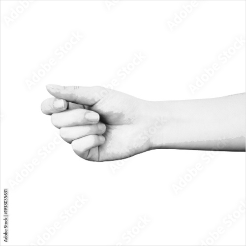 Black and white halftone illustration of human hand showing finger heart gesture. Symbol of love, affection, gratitude and social media appreciation isolated on light background.