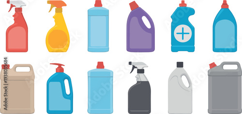 Household Cleaning Bottles Vector Set Featuring Detergent Containers, Spray Bottles, Soap Dispensers, and Liquid Sanitizer Packaging Illustrations