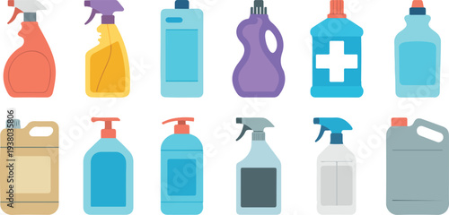 Collection of Household Cleaning Product Bottles with Detergent Containers, Spray Bottles, Soap Dispensers, and Sanitizer Packaging Vector Illustration