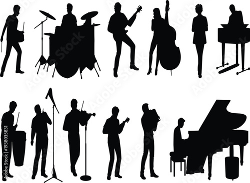 Musical band silhouettes set with performers playing guitar, drums, piano, violin, and singing, vector illustration