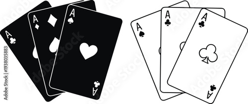 Playing cards aces silhouettes collection, spade heart diamond club poker symbols, casino gambling vector illustration isolated card icons