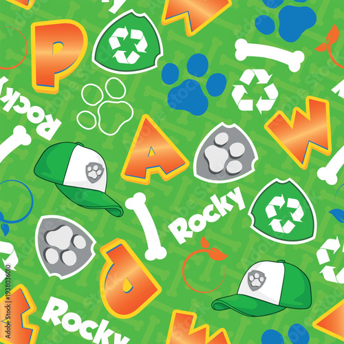 Green Eco Puppy Rescue Seamless Pattern with Rocky Letters Paw Prints Bones and Recycle Badges
