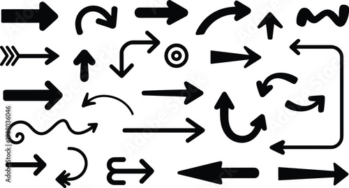 Collection of black hand drawn arrow silhouettes with various shapes and directions isolated on white
