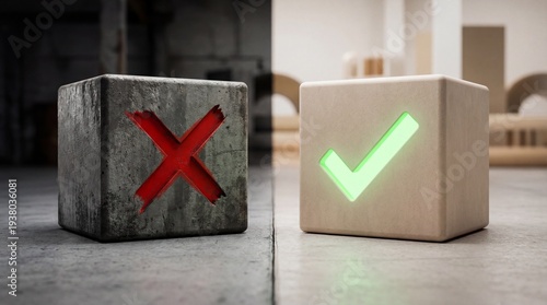 A conceptual image featuring two cubes, one marked with a red cross and the other with a green check mark. The cross cube is darker, while the check mark cube is brighter.