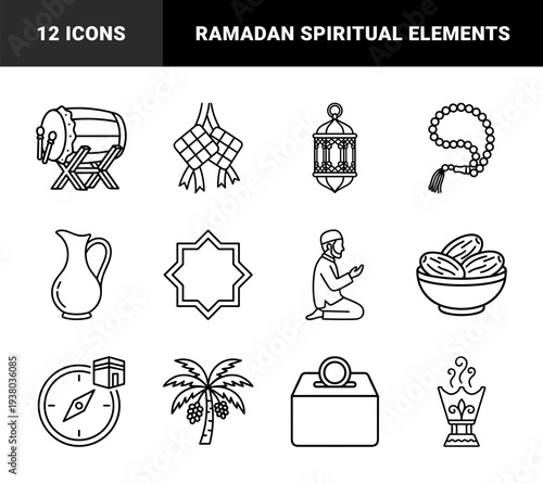 Islamic religious observance and Ramadan traditions depicted in clean monoline art. Spiritual lifestyle elements featuring prayer, fasting, and cultural celebration symbols.