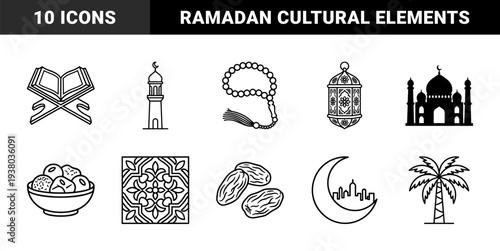 Islamic religious symbols and Ramadan traditions featuring mosque architecture, dates, crescent moon, and prayer beads in clean monoline art style.