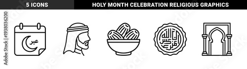 Islamic heritage and Ramadan religious observances. Black monoline pictograms featuring dates bowl, Muslim man, crescent moon calendar, and mosque archway.