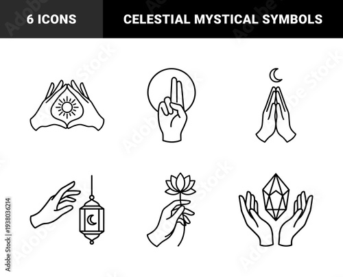 Mystical and spiritual line art featuring celestial hands, sacred lotus, and occult symbols. Minimalist monoline illustrations for wellness branding and esoteric design.