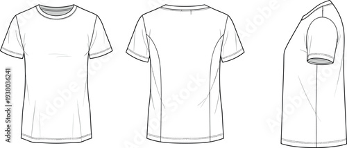 Technical flat sketch of a white short sleeve crew neck t-shirt front back and side views for fashion design template