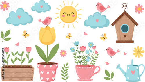 Cute spring garden elements set with smiling sun birds flowers plants birdhouse clouds butterflies and watering can cartoon vector illustration