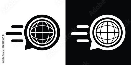 Global connectivity icon featuring a globe in a speech bubble with speed lines. Vector graphic representing fast worldwide internet and logistics.