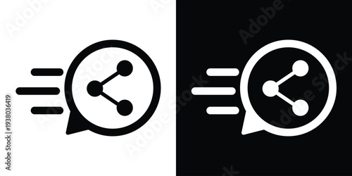 Vector flat icon of a speed-motion speech bubble with a share symbol inside. Represents rapid content sharing, viral social media messaging, and instant digital data transfer.