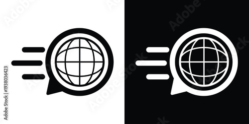 Global connectivity icon featuring a globe in a speech bubble with speed lines. Vector graphic representing fast worldwide internet and logistics.