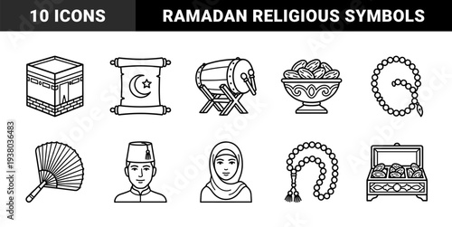 Islamic culture and Ramadan traditions featuring spiritual symbols and religious heritage. Technical monoline linear graphics for Middle Eastern cultural storytelling and education.