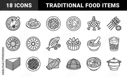 Traditional Indonesian and Southeast Asian culinary specialties in a clean monoline aesthetic for restaurant menus and cultural food branding.