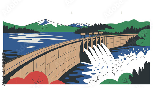 Large river dam controlling water flow and reservoir levels. Hydroelectric dam controlling river water flow and reservoir capacity. Illustration representing water resources management.