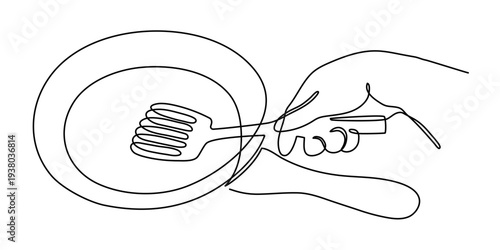 Hand holds frying pan one line art, hand-drawn kitchenware continuous drawing contour. Teflon non-stick cookware, chef's palm cooking utensils food preparation home-cooked cuisine. Editable stroke. 