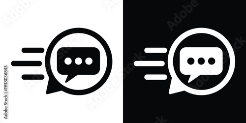 Chat bubble with ellipsis and motion trails inside a circular frame. Flat vector icon for instant messaging, fast communication, and quick response apps.