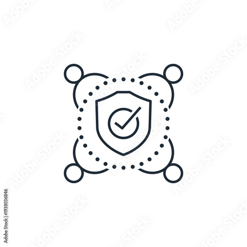 A group of people behind a shield. Reliable protection.Vector linear icon  illustration isolated on white background.