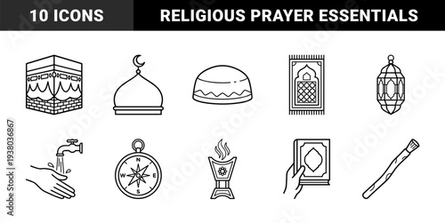 Islamic religious symbols and prayer essentials featuring Kaaba masjid and Quran. Clean monoline line art for Ramadan and Hajj educational materials.
