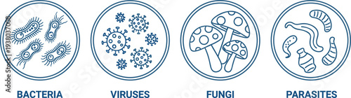 Microorganisms icons set showing bacteria viruses fungi and parasites medical microbiology concept illustration for healthcare science education isolated on white background
