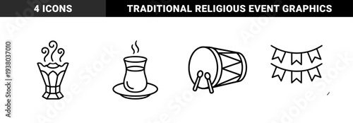 Ramadan and Islamic cultural celebration elements featuring incense burner, Turkish tea, traditional drum, and festive bunting flags. Minimalist monoline aesthetic for religious holiday design.