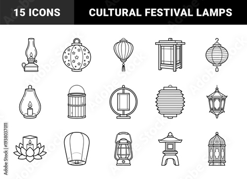 Traditional lighting and festive lanterns for cultural celebrations. Minimalist monoline illustrations featuring oriental paper lamps, oil burners, and garden pagodas.