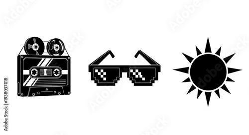 Retro cassette tape pixelated sunglasses and sun icon.