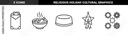 Islamic holiday traditions and Ramadan elements: zakat envelope, halal food, songkok, star lantern, and arabesque patterns. Minimalist monoline cultural graphics.