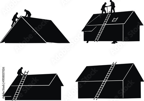 Roofing workers silhouettes collection, construction laborers repairing house roof, building maintenance and repair vector illustration isolated set