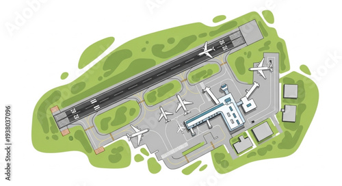Aerial view of a modern airport with airplanes on the tarmac.