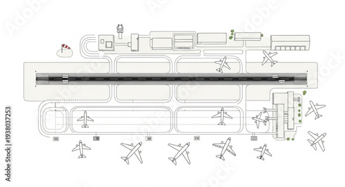 Detailed architectural blueprint of an airport runway and terminals.