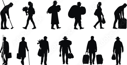 Traveler silhouettes collection, tourists walking with luggage backpacks and bags, journey travel people icons vector illustration isolated set