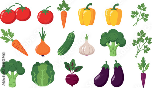 Fresh vegetables collection tomato carrot onion garlic cucumber broccoli eggplant beet pepper vector illustration healthy food set