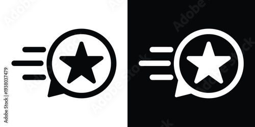 Racing star icon in a chat bubble. Represents fast rating, quick favorites, rapid feedback, high-speed performance, and premium service delivery. Vector graphic for interface design.