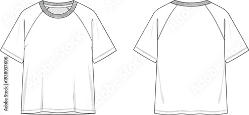 White Raglan Short Sleeve T-shirt Technical Flat Sketch Vector Template Front and Back View for Fashion Design Mockup and Illustration