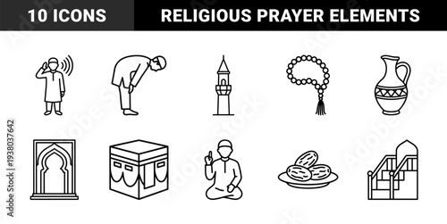 Islamic religious symbols and prayer rituals in technical monoline style. Minimalist spiritual elements featuring Kaaba mosque architecture and devotion practices.