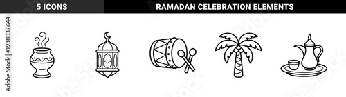 Ramadan cultural symbols and Islamic tradition elements in a cute monoline coloring book style featuring lantern, drum, and coffee pot.