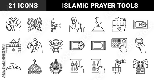 Islamic prayer and mosque technology management pictograms featuring adhan broadcasting, qibla direction, and audio engineering monoline elements.