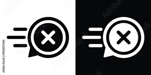 Fast cross or "X" mark icon with motion lines. Represents quick rejection, rapid cancellation, fast error detection, and immediate stop. Black and white vector for UI and UX design.