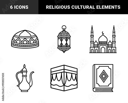 Islamic cultural heritage and religious observance elements. Minimalist monoline illustrations featuring mosque architecture, ramadan lantern, and pilgrimage symbols.