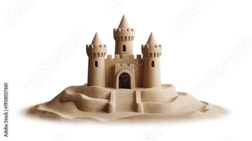 Small sandcastle with towers and stairs on mound