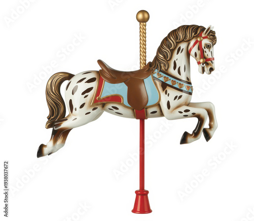 Spotted carousel horse on red pole with gold figurine