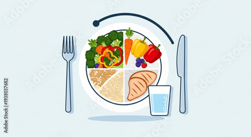 Balanced diet concept with healthy food on a plate divided into sections utensils and a glass of water on a light background