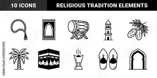 Islamic cultural heritage and religious observance elements featuring Kaaba, prayer rug, and traditional Ramadan symbols in chunky monoline aesthetic.