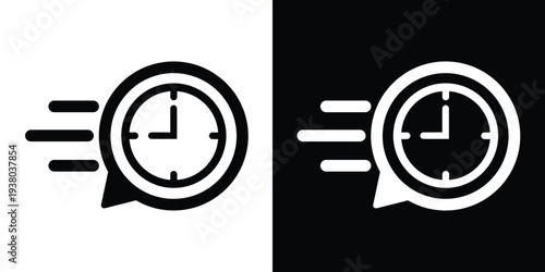 Moving clock icon with speed lines in a chat bubble. Symbolizes fast timing, quick response, urgent deadlines, and efficient time management. Minimalist flat design for web and apps.